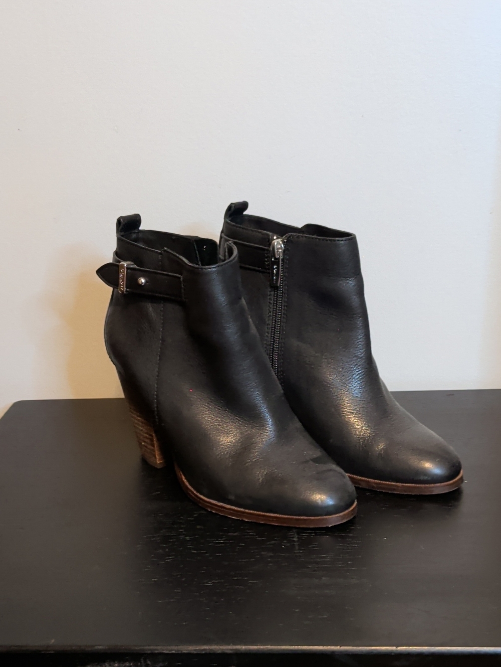 Coach Black Leather Ankle Booties with Side Zip & Buckle